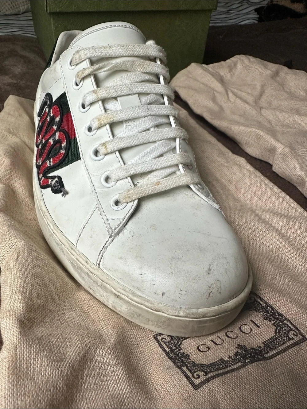 Gucci White Leather Ace Sneakers with Red Snake and Green-Red Web